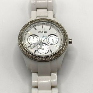 Fossil Stella White Band Watch‎ - Crystal Dial & Multi-Function- Gemmed Bezel